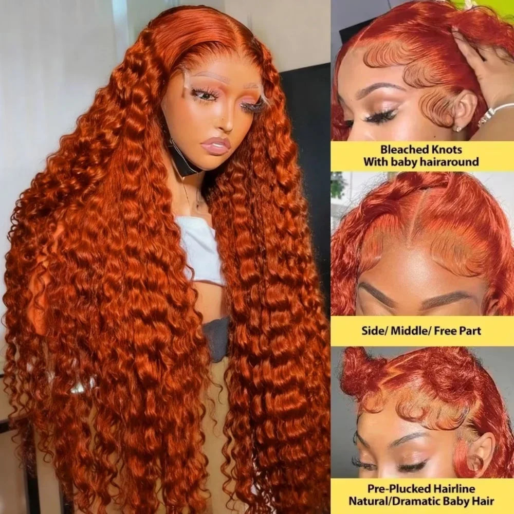 Deep Wave Ginger Orange Lace Front Wig Human Hair 13x6 HD Lace Front with Baby Hair 250% Density Long Curly Wig for Black Women