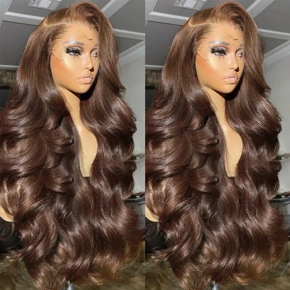 26 Inch Chocolate Brown Lace Front Wig Human Hair 200% Body Wave Human Hair Wigs Pre Plucked 13x4 HD Lace Frontal Wig Brown Wig