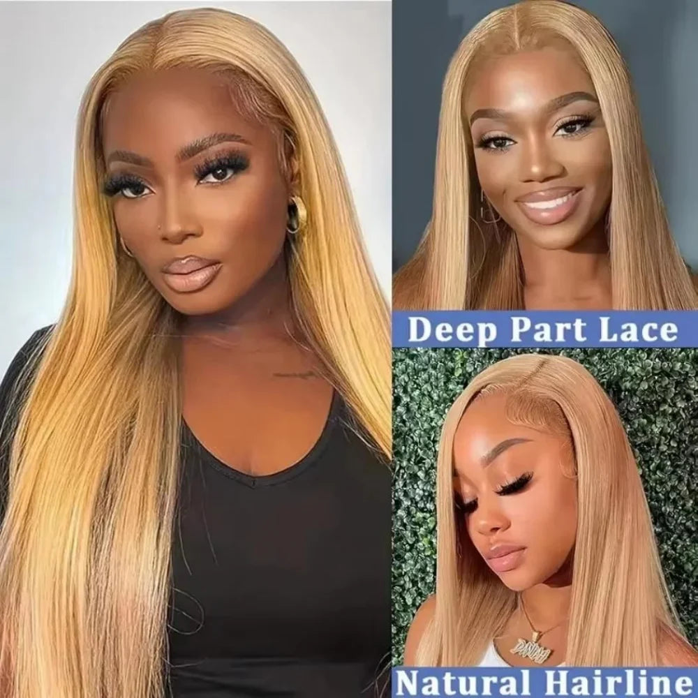 36 Inch Honey Blonde Human Hair Wig Straight 13x6 HD Lace Front Wig 180% Density 13x4 Lace Wigs Brazilian Human Hair 27# Color