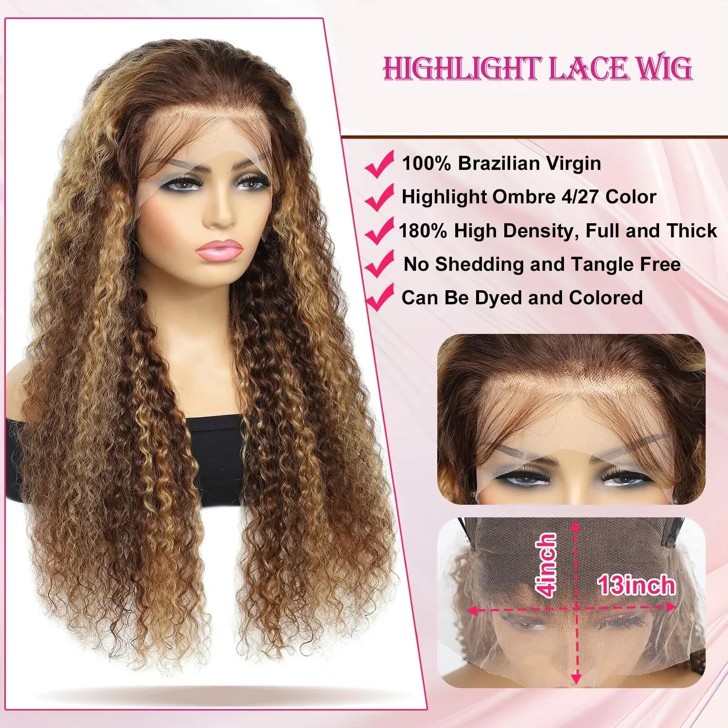 4/ 27 Highlight Honey Brown Curly Transparent HD 13x4 Lace Frontal Real Human Hair Wigs Ombre Color Deep Water Wave Full Wigs