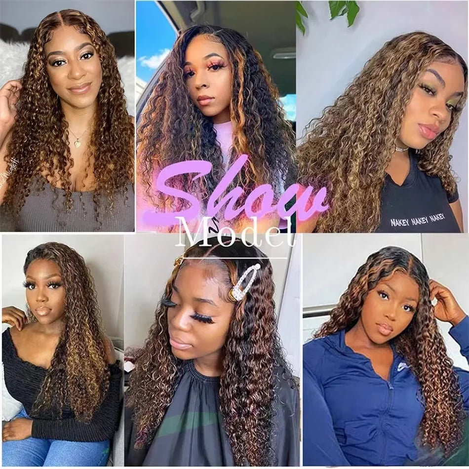4/ 27 Highlight Honey Brown Curly Transparent HD 13x4 Lace Frontal Real Human Hair Wigs Ombre Color Deep Water Wave Full Wigs