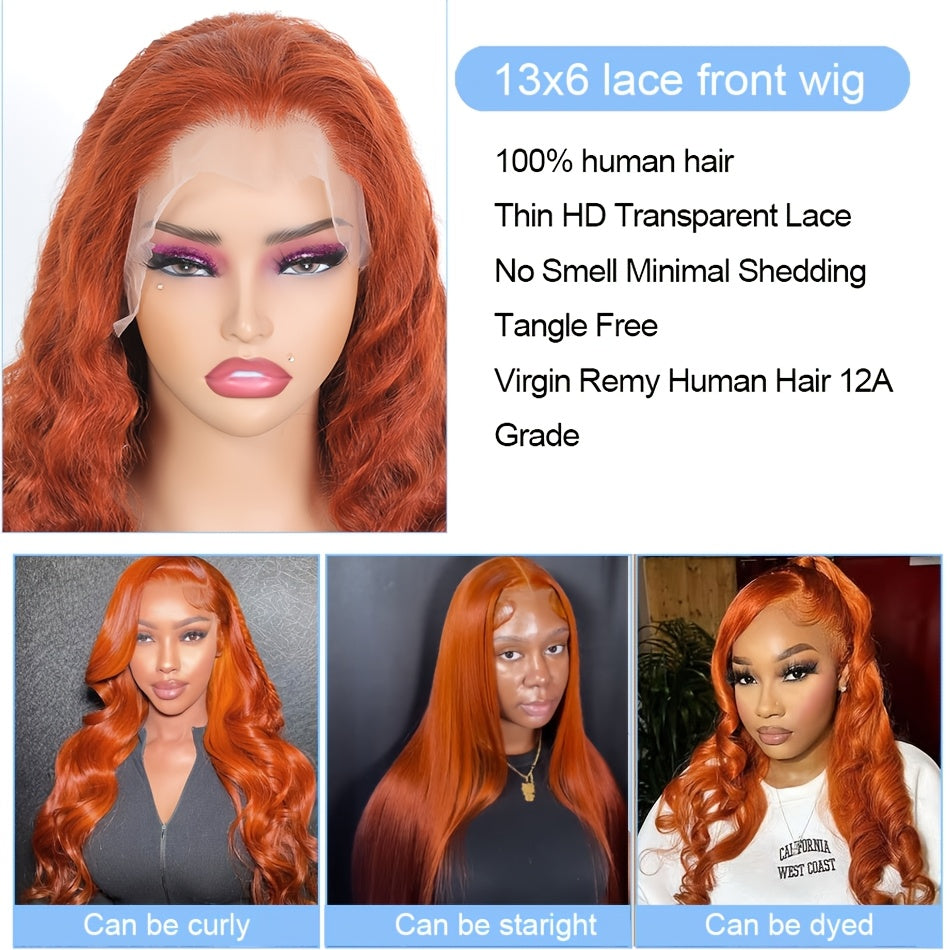 Deep Wave Ginger Orange Lace Front Wig Human Hair 13x6 HD Lace Front with Baby Hair 250% Density Long Curly Wig for Black Women